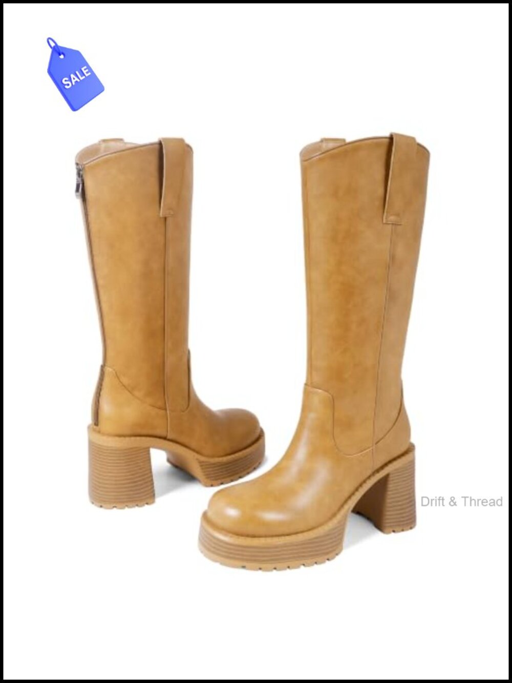 Knee High Western Boots Leather Platform Chunky Heel